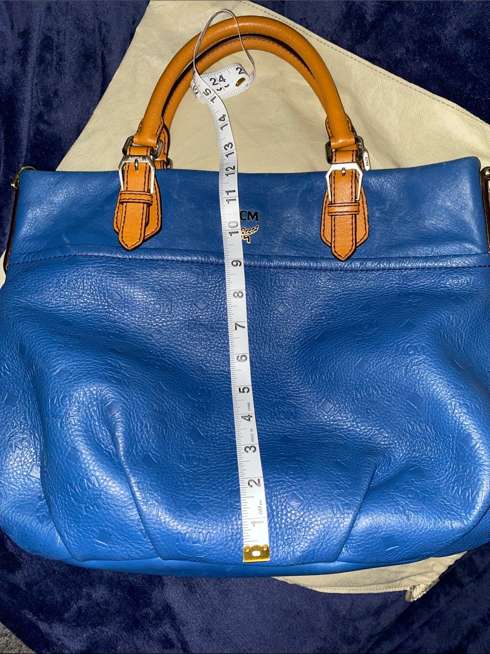 MCM Visetos Logogramme Blue Leather Satchel with Tan Handles and Gold Hardware - Picture 11 of 14